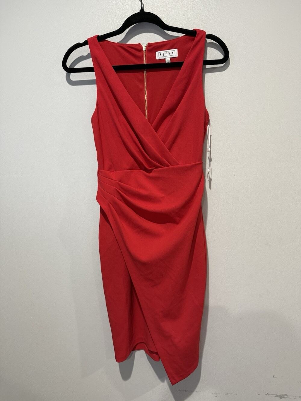 Siena Red Faux Wrap Midi Dress Sleeveless Ruched Gold Tone Zipper Cocktail 2